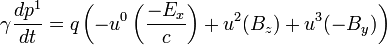  \gamma \frac{d p^1}{d t} = q \left(-u^0 \left(\frac{-E_x}{c} \right) + u^2 (B_z) + u^3 (-B_y) \right) \,