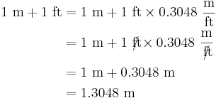 
\begin{align}
1 \ \mbox{m} + 1 \ \mbox{ft} & = 1 \ \mbox{m} + 1 \ \mbox{ft} \times 0.3048 \ \frac{\mbox{m}}{\mbox{ft}} \\
& = 1 \ \mbox{m} + 1 \ \mbox{ft} \!\!\!\! / \times 0.3048 \ \frac{\mbox{m}}{\mbox{ft} \!\!\!\! /} \\
& = 1 \ \mbox{m} +  0.3048 \ \mbox{m} \\
& =1.3048 \ \mbox{m}
\end{align}
