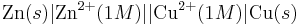 \mbox{Zn}(s)|\mbox{Zn}^{2+}(1M)||\mbox{Cu}^{2+}(1M)|\mbox{Cu}(s)\,