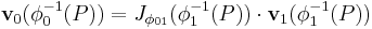 {\bold v}_0(\phi_0^{-1}(P)) = J_{\phi_{01}}(\phi_1^{-1}(P))\cdot {\bold v}_1(\phi_1^{-1}(P))