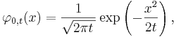 \varphi_{0,t}(x) = \frac{1}{\sqrt{2\pi t\,}}\exp\left(-\frac{x^2}{2t}\right), 