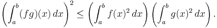 \left( \int_a^b (fg)(x) \, dx \right)^2 \leq \left( \int_a^b f(x)^2 \, dx \right) \left( \int_a^b g(x)^2 \, dx \right). 