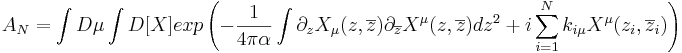  A_N = \int{D\mu \int{D[X] exp \left( -\frac{1}{4\pi\alpha} \int{ \partial_z X_{\mu}(z,\overline{z}) \partial_{\overline{z}} X^{\mu}(z,\overline{z})}dz^2 + i \sum_{i=1}^{N}{k_{i \mu} X^{\mu}(z_i,\overline{z}_i) }  \right) }} 