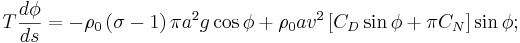 T\frac{{d\phi }}{{ds}}=-\rho _{0}\left( {\sigma -1}\right) \pi a^{2}g\cos
\phi +\rho _{0}av^{2}\left[ {C_{D}\sin \phi +\pi C_{N}}\right] \sin \phi�;
