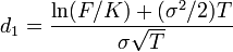  d_1 = \frac{\ln(F/K) + (\sigma^2/2)T}{\sigma\sqrt{T}} 