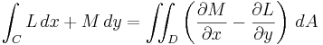 \int_{C} L\, dx + M\, dy = \iint_{D} \left(\frac{\partial M}{\partial x} - \frac{\partial L}{\partial y}\right)\, dA