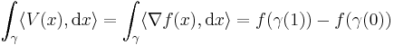  \int_\gamma \langle V(x), \mathrm{d}x \rangle = \int_\gamma \langle \nabla f(x), \mathrm{d}x \rangle = f(\gamma(1)) - f(\gamma(0))