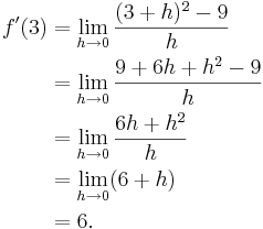 
\begin{align}
f'(3)&=\lim_{h \to 0}{(3+h)^2 - 9\over{h}} \\
&=\lim_{h \to 0}{9 + 6h + h^2 - 9\over{h}}  \\
&=\lim_{h \to 0}{6h + h^2\over{h}} \\
&=\lim_{h \to 0} (6 + h) \\
&= 6.
\end{align}
