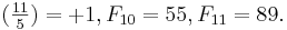 (\tfrac{11}{5}) = +1,  F_{10}  = 55, F_{11}=89.