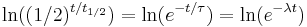 \ln((1/2)^{t/t_{1/2}}) = \ln(e^{-t/\tau}) = \ln(e^{-\lambda t})