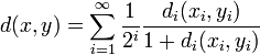 d(x,y)=\sum_{i=1}^\infty \frac1{2^i}\frac{d_i(x_i,y_i)}{1+d_i(x_i,y_i)}