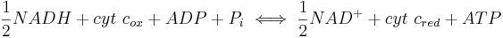 
\frac{1}{2}NADH + cyt~c_{ox} + ADP + P_{i} \iff \frac{1}{2}NAD^{+} + cyt~c_{red} + ATP
