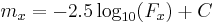 m_{x}= -2.5 \log_{10} (F_x)  +  C\!\,