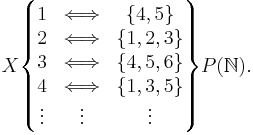 X\begin{Bmatrix} 1 & \Longleftrightarrow & \{4, 5\}\\ 2 & \Longleftrightarrow & \{1, 2, 3\} \\ 3 & \Longleftrightarrow & \{4, 5, 6\} \\ 4 & \Longleftrightarrow & \{1, 3, 5\} \\ \vdots & \vdots & \vdots \end{Bmatrix}P(\mathbb{N}).