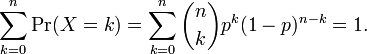  \sum_{k=0}^n \operatorname{Pr}(X=k) = \sum_{k=0}^n {n\choose k}p^k(1-p)^{n-k} = 1.