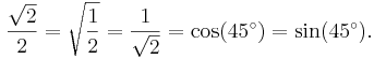 \frac{\sqrt{2}}{2} = \sqrt{\frac{1}{2}} = \frac{1}{\sqrt{2}} = \cos(45^\circ) = \sin(45^\circ).