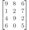 \begin{bmatrix}

9 & 8 & 6 \\
1 & 2 & 7 \\
4 & 9 & 2 \\
6 & 0 & 5 \end{bmatrix}