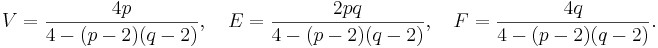 V = \frac{4p}{4 - (p-2)(q-2)},\quad E = \frac{2pq}{4 - (p-2)(q-2)},\quad F = \frac{4q}{4 - (p-2)(q-2)}.