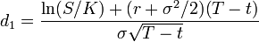  d_1 = \frac{\ln(S/K) + (r + \sigma^2/2)(T - t)}{\sigma\sqrt{T - t}} 