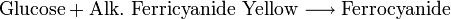 \mathrm{Glucose} + \mathrm{Alk.\ Ferricyanide\ Yellow}\longrightarrow \mathrm{Ferrocyanide}