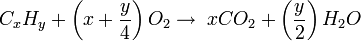 C_xH_y + \left( x + \frac{y}{4} \right) O_2 \rightarrow \; xCO_2 + \left( \frac{y}{2} \right) H_2O