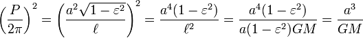 \left(\frac P{2 \pi}\right)^2=\left( \frac {a^2\sqrt{1-\varepsilon^2}}{\ell}\right)^2 = \frac {a^4(1-\varepsilon^2)}{\ell^2} = \frac {a^4(1-\varepsilon^2)}{a(1-\varepsilon^2)GM }=\frac{a^3}{GM}\,