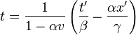 t=\frac{1}{1-\alpha v}\left(\frac{t'}{\beta}-\frac{\alpha x'}{\gamma}\right)