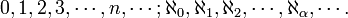 0, 1, 2, 3, \cdots, n, \cdots�; \aleph_0, \aleph_1, \aleph_2, \cdots, \aleph_{\alpha}, \cdots. 