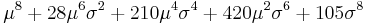 \mu^8 + 28 \mu^6 \sigma^2 + 210 \mu^4 \sigma^4 + 420 \mu^2 \sigma^6 + 105 \sigma^8 