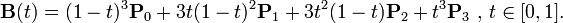 \mathbf{B}(t)=(1-t)^3\mathbf{P}_0+3t(1-t)^2\mathbf{P}_1+3t^2(1-t)\mathbf{P}_2+t^3\mathbf{P}_3 \mbox{ , } t \in [0,1].