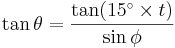 
\tan \theta = \frac{\tan (15^{\circ} \times t)}{\sin \phi } 
