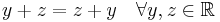  y + z = z + y \quad \forall y,z\in \mathbb{R} 