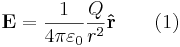 
\mathbf{E} =\frac{1}{4 \pi \varepsilon_0}\frac{Q}{r^2}\mathbf{\hat{r}} \qquad \mbox{(1)}
