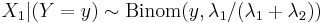 X_1|(Y=y) \sim \mathrm{Binom}(y, \lambda_1/(\lambda_1+\lambda_2))\,