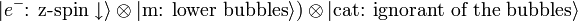  |e^{-} \mbox{: z-spin} \downarrow \rangle \otimes |\mbox{m: lower bubbles} \rangle) \otimes |\mbox{cat: ignorant of the bubbles} \rangle 