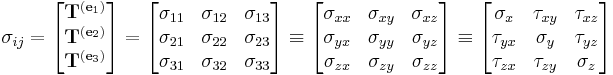 \ \sigma_{ij}= \left[{\begin{matrix} \mathbf{T}^{(\mathbf{e}_1)} \\
\mathbf{T}^{(\mathbf{e}_2)} \\
\mathbf{T}^{(\mathbf{e}_3)} \\
\end{matrix}}\right] =
 \left[{\begin{matrix}
   \sigma _{11} & \sigma _{12} & \sigma _{13} \\
   \sigma _{21} & \sigma _{22} & \sigma _{23} \\
   \sigma _{31} & \sigma _{32} & \sigma _{33} \\
  \end{matrix}}\right] \equiv \left[{\begin{matrix}
   \sigma _{xx} & \sigma _{xy} & \sigma _{xz} \\
   \sigma _{yx} & \sigma _{yy} & \sigma _{yz} \\
   \sigma _{zx} & \sigma _{zy} & \sigma _{zz} \\
  \end{matrix}}\right] \equiv \left[{\begin{matrix}
   \sigma _x & \tau _{xy} & \tau _{xz} \\
   \tau _{yx} & \sigma _y & \tau _{yz} \\
   \tau _{zx} & \tau _{zy} & \sigma _z \\
  \end{matrix}}\right]
