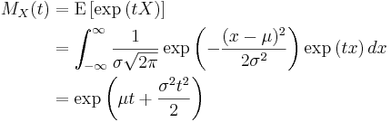 
\begin{align}
M_X(t) & {} = \mathrm{E} \left[ \exp{(tX)} \right] \\
& {} = \int_{-\infty}^{\infty}  \frac{1}{\sigma \sqrt{2\pi} }
\exp{\left( -\frac{(x - \mu)^2}{2 \sigma^2} \right)}
\exp{(tx)} \, dx \\
& {} = \exp{ \left(  \mu t + \frac{\sigma^2 t^2}{2} \right)}
\end{align}
