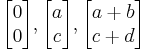 \begin{bmatrix} 0 \\ 0  \end{bmatrix}, \begin{bmatrix} a \\ c \end{bmatrix}, \begin{bmatrix} a+b \\ c+d \end{bmatrix}