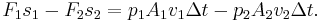 F_{1} s_{1}-F_{2} s_{2}=p_{1} A_{1} v_
{1}\Delta t-p_{2} A_{2} v_{2}\Delta t. \;