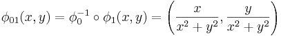 \phi_{01}(x,y) = \phi_0^{-1}\circ\phi_1(x,y)=\left(\frac{x}{x^2+y^2},\frac{y}{x^2+y^2}\right)