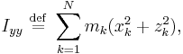 I_{yy} \ \stackrel{\mathrm{def}}{=}\  \sum_{k=1}^{N} m_{k} (x_{k}^{2}+z_{k}^{2}),\,\!