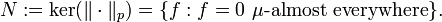 N�:= \mathrm{ker}(\|\cdot\|_p) = \{f�: f = 0 \ \mu\text{-almost everywhere} \}.