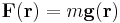 \mathbf{F}( \mathbf r) = m \mathbf g(\mathbf r) 