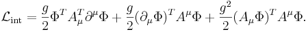 \ \mathcal{L}_\mathrm{int} = \frac{g}{2} \Phi^T A_{\mu}^T \partial^\mu \Phi + \frac{g}{2}  (\partial_\mu \Phi)^T A^{\mu} \Phi + \frac{g^2}{2} (A_\mu \Phi)^T A^\mu \Phi.  