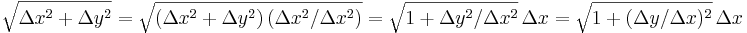 \sqrt { \Delta x^2 + \Delta y^2 }=\sqrt{ ({\Delta x^2 + \Delta y^2})\,(\Delta x^2 / \Delta x^2)}=\sqrt { 1 + \Delta y^2 / \Delta x^2}\,\Delta x=\sqrt { 1 + ({\Delta y / \Delta x})^2 }\,\Delta x