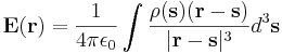 \mathbf{E}(\mathbf{r}) = \frac{1}{4\pi\epsilon_0} \int \frac{\rho(\mathbf{s})(\mathbf{r}-\mathbf{s})}{|\mathbf{r}-\mathbf{s}|^3} d^3 \mathbf{s}