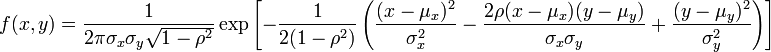 f(x,y) = \frac{1}{2\pi \sigma_x \sigma_y \sqrt{1-\rho^2}} \exp\left[ -\frac{1}{2(1-\rho^2)} \left(\frac{(x-\mu_x)^2}{\sigma_x^2} - \frac{2\rho(x-\mu_x)(y-\mu_y)}{\sigma_x\sigma_y} + \frac{(y-\mu_y)^2}{\sigma_y^2}\right)            \right]