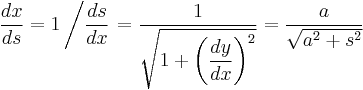 \frac{dx}{ds} =1\left/\frac{ds}{dx}\right. = \frac{1}{\sqrt{1+\left(\dfrac{dy}{dx}\right)^2}} = \frac{a}{\sqrt{a^2+s^2}}