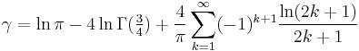  \gamma = \ln\pi - 4\ln\Gamma(\tfrac34) + \frac4{\pi}\sum_{k=1}^{\infty}(-1)^{k+1}\frac{\ln(2k+1)}{2k+1} 
