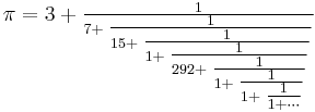 
\pi=3+\textstyle \frac{1}{7+\textstyle \frac{1}{15+\textstyle \frac{1}{1+\textstyle \frac{1}{292+\textstyle \frac{1}{1+\textstyle \frac{1}{1+\textstyle \frac{1}{1+\cdots}}}}}}}
